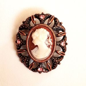 Vintage Rhinestone Cameo Bronze Brooch